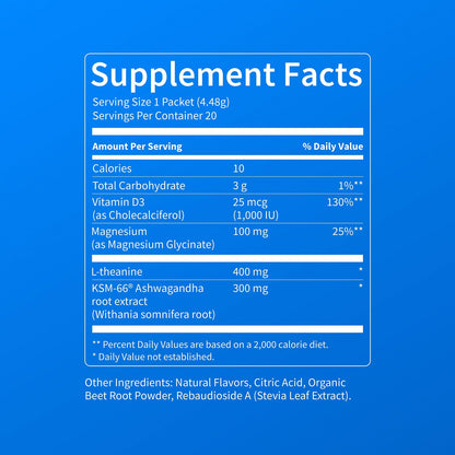 Nello Supercalm Powdered Drink Mix, Cortisol Reducer and Sleep Aid Supplement, L Theanine, Ksm-66 Ashwagandha, Magnesium Glycinate, Vitamin D 3, No Sugar, Non GMO, On The Go, 20 Ct, Raspberry Lemonade