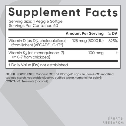 Sports Research® Vitamin D3 + K2 w/ Coconut Oil - Vegan Vitamin D 5000iu & Mk7 Vitamin K 100mcg for Bone & Immune Support - Vegan Certified · Non-GMO · Soy Free - 60 Softgels