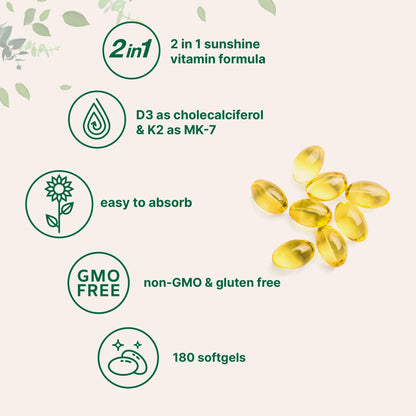Micro Ingredients Vitamin D3 5,000 IU + K2 MK-7 100 mcg, 180 Softgels | 2-in-1 Formula | Easy to Swallow, Non-GMO