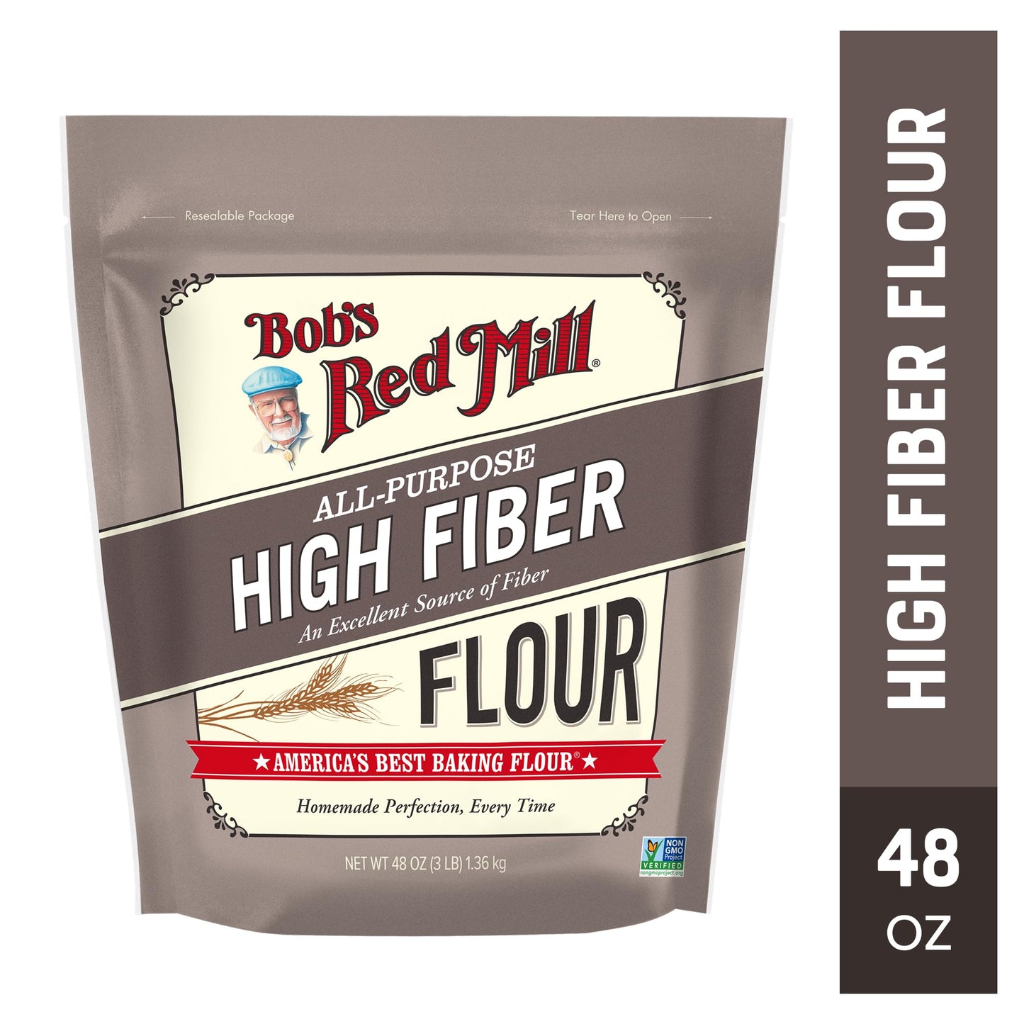 Bob’s Red Mill All Purpose High Fiber Flour - 3 lb Bag, 1-to-1 Baking Substitute, Excellent Source of Fiber, Non-GMO, Kosher