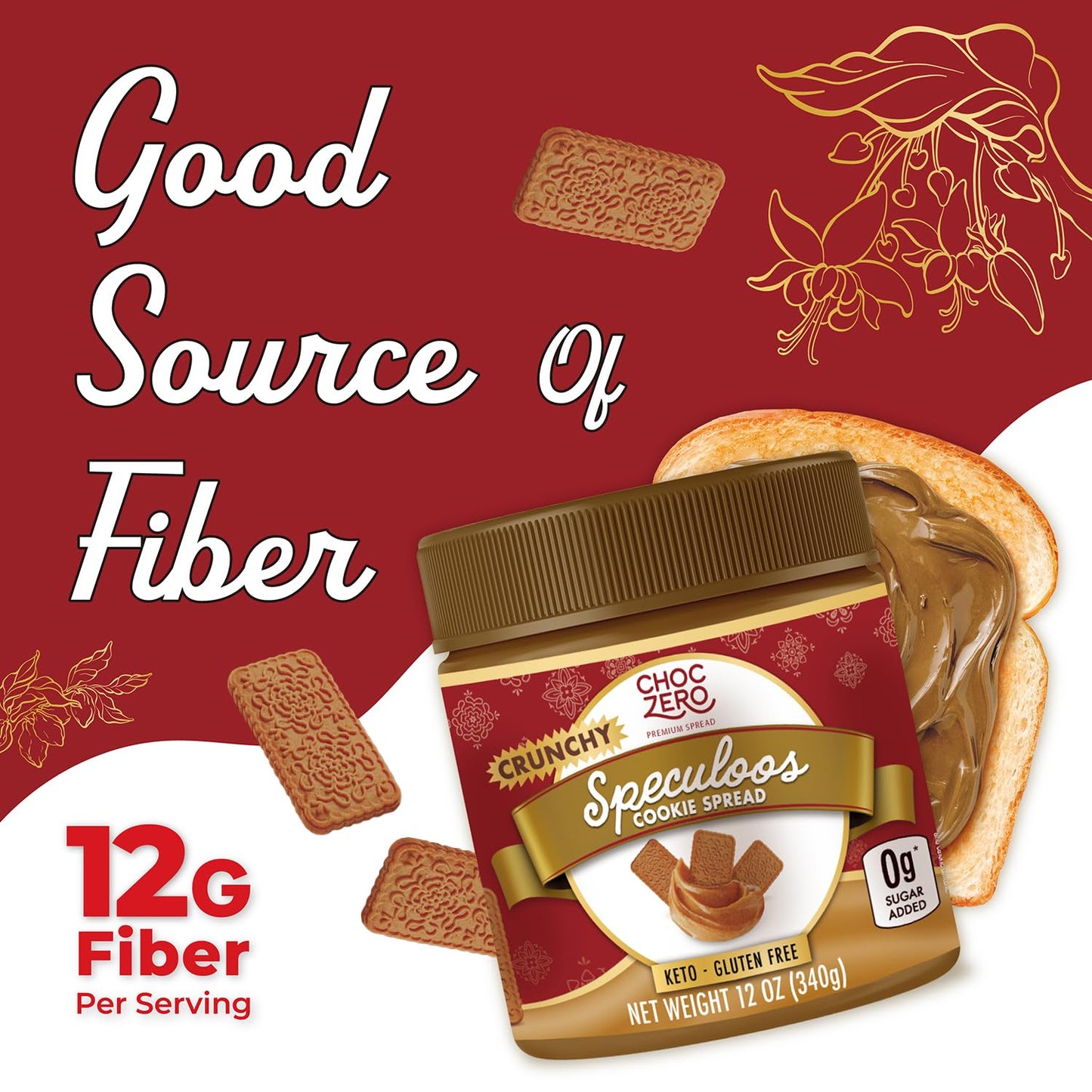 ChocZero Crunchy Speculoos Cookie Butter, No Added Sugar, Gluten Free, High Fiber, Keto Low Carb Spread, 12 oz Jar