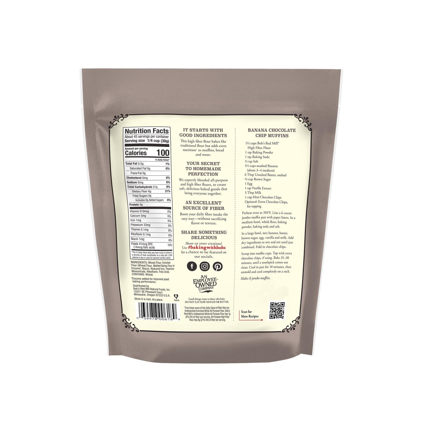 Bob’s Red Mill All Purpose High Fiber Flour - 3 lb Bag, 1-to-1 Baking Substitute, Excellent Source of Fiber, Non-GMO, Kosher