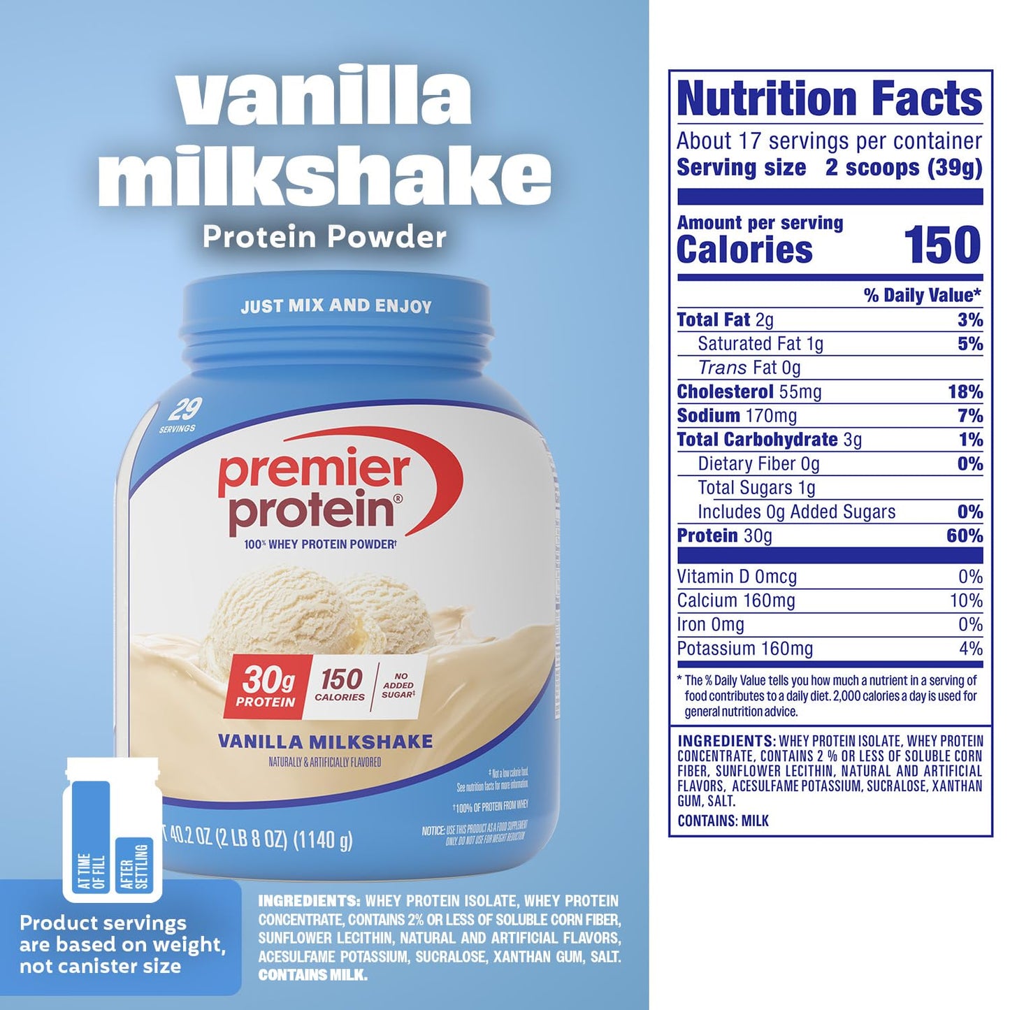 Premier Protein Powder, Vanilla Milkshake, 30g Protein, 1g Sugar, Gluten Free, No Soy, 40.2 oz (29 Servings)