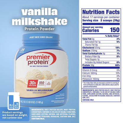 Premier Protein Powder, Vanilla Milkshake, 30g Protein, 1g Sugar, Gluten Free, No Soy, 40.2 oz (29 Servings)