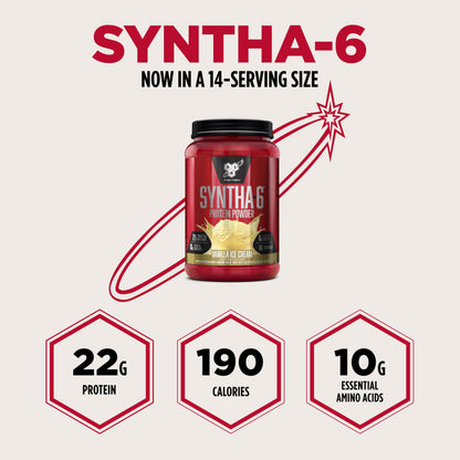 BSN SYNTHA-6 Premium Protein Powder with 6g of Fiber, Whey Isolate, Micellar Casein, Milk Protein Isolate, 5g of Fat, Vanilla Ice Cream, 14 Servings, 1.45 Pound (Packaging May Vary)