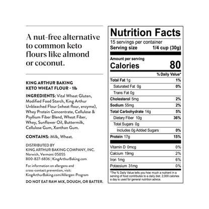 King Arthur Keto Wheat Baking Flour: 1:1 All-Purpose Flour Substitute, 1 lb (Pack of 1) - Low-Carb Baking Solution for Bread & More, Non-GMO, Resealable Bag - Perfect for Keto Diet & Reduced Carb Intake