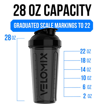 VELOMIX -2 Pack- 28 oz Protein Shaker Bottles for Protein Mixes - 2x Wire Whisk | Leak Proof Shaker Cups for Protein Shakes | Protein Shaker Bottle Pack (Black/Transparent)