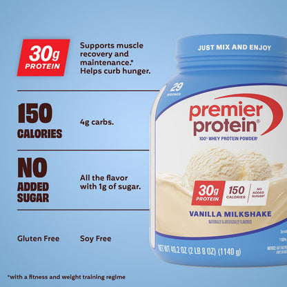 Premier Protein Powder, Vanilla Milkshake, 30g Protein, 1g Sugar, Gluten Free, No Soy, 40.2 oz (29 Servings)