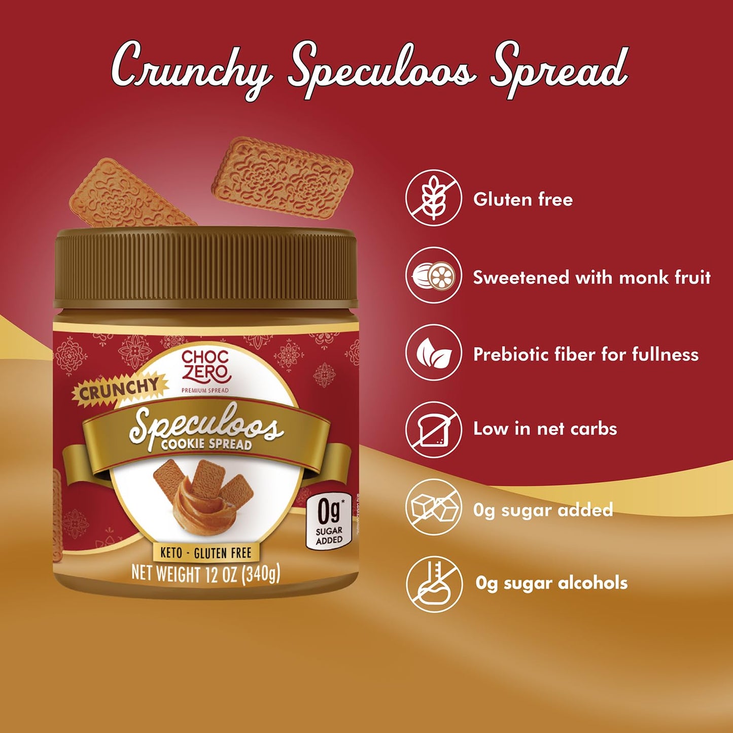ChocZero Crunchy Speculoos Cookie Butter, No Added Sugar, Gluten Free, High Fiber, Keto Low Carb Spread, 12 oz Jar