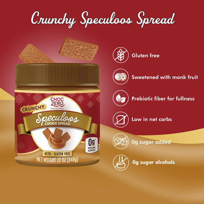 ChocZero Crunchy Speculoos Cookie Butter, No Added Sugar, Gluten Free, High Fiber, Keto Low Carb Spread, 12 oz Jar