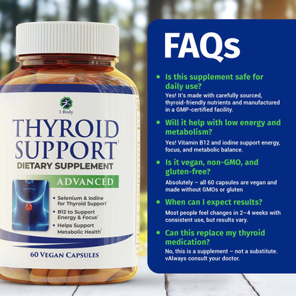 1 Body Thyroid Support Supplement for Women and Men, Selenium with Iodine, Zinc, B12, Ashwagandha and L-Tyrosine, Supports Hormone Health, Energy and Metabolism, 30 Day Supply