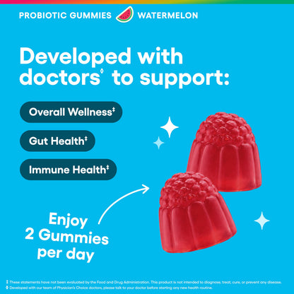 Physician's CHOICE Probiotic Gummies with Vitamin D & Prebiotic Fiber - Sugar Free - 1B CFUs of Clinically Studied Probiotic - Supports Immune & Gut Health for Women & Men - Watermelon Flavor - 90CT