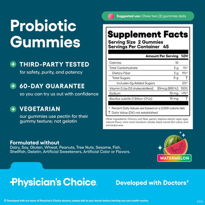 Physician's CHOICE Probiotic Gummies with Vitamin D & Prebiotic Fiber - Sugar Free - 1B CFUs of Clinically Studied Probiotic - Supports Immune & Gut Health for Women & Men - Watermelon Flavor - 90CT