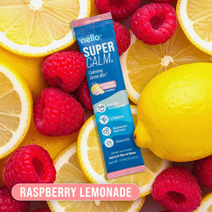 Nello Supercalm Powdered Drink Mix, Cortisol Reducer and Sleep Aid Supplement, L Theanine, Ksm-66 Ashwagandha, Magnesium Glycinate, Vitamin D 3, No Sugar, Non GMO, On The Go, 20 Ct, Raspberry Lemonade