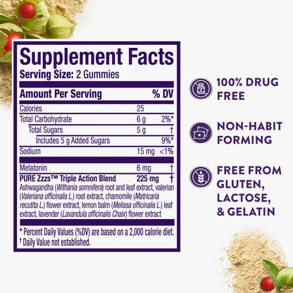 ZzzQuil PURE Zzzs Triple Action, Melatonin Gummies, Melatonin 6mg, 3X Melatonin, Sleep Aid with Ashwagandha, Calm Mood, Antioxidant Action, Sleep Aids for Adults, 60 Sleep Gummies