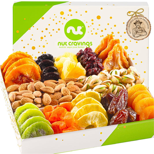 NUT CRAVINGS - Diwali Sweets Hamper Mid-Autumn Festival Dried Fruit & Mixed Nuts Gift Basket in White Gold Box (12 Assortments) Food Arrangement, Healthy Snack Care Package, Food Assortments