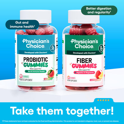 Physician's CHOICE Probiotic Gummies with Vitamin D & Prebiotic Fiber - Sugar Free - 1B CFUs of Clinically Studied Probiotic - Supports Immune & Gut Health for Women & Men - Watermelon Flavor - 90CT