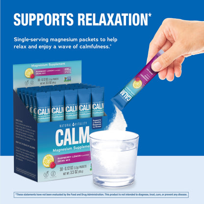 Natural Vitality Calm, Magnesium Citrate Supplement, Anti-Stress Drink Mix Powder - Gluten Free, Vegan, & Non-GMO, Raspberry Lemon, 0.12 oz, 30 Packets