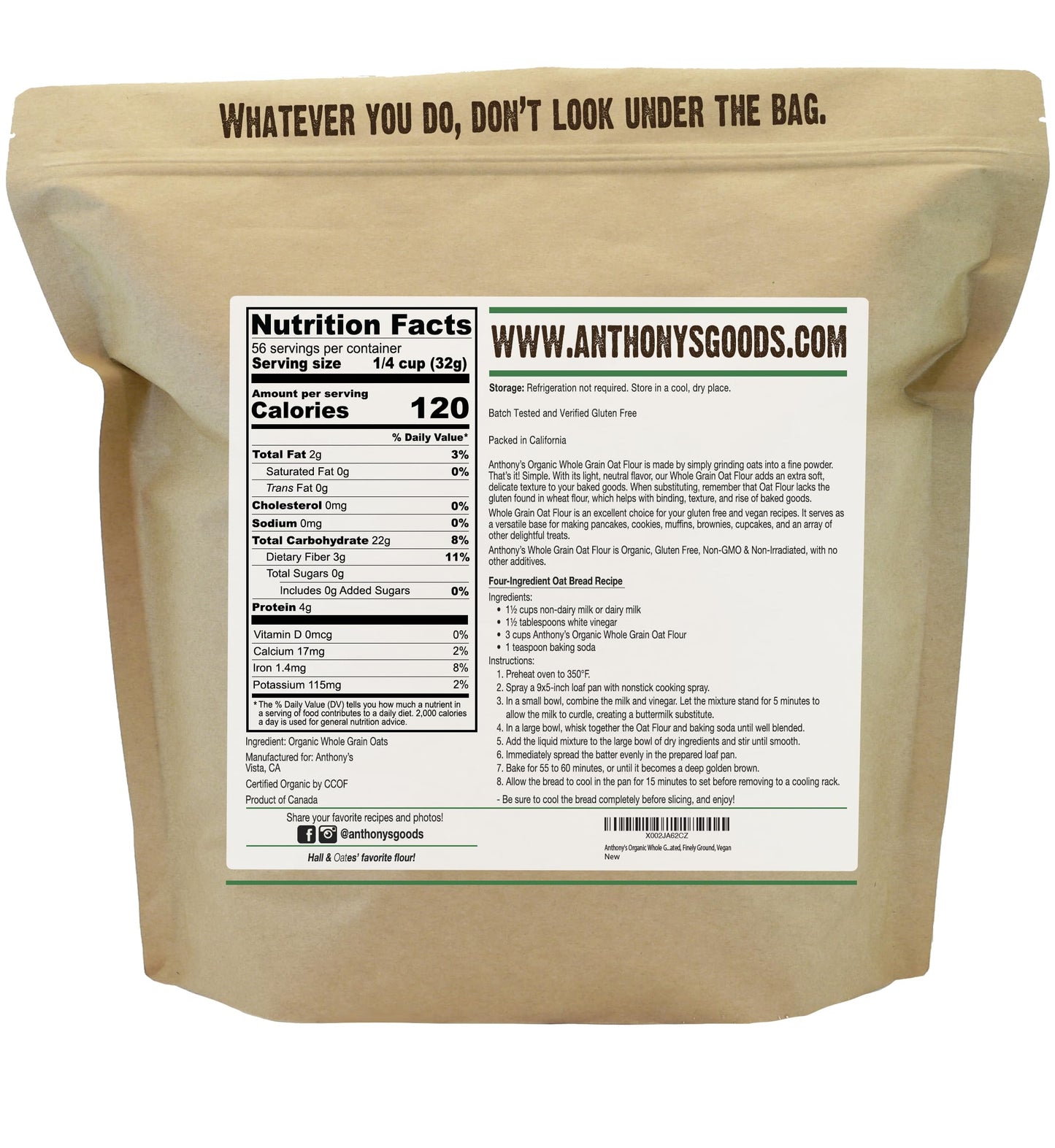 Anthony's Organic Whole Grain Oat Flour, 4 lb, Gluten Free, Non GMO, Non Irradiated, Finely Ground, Vegan