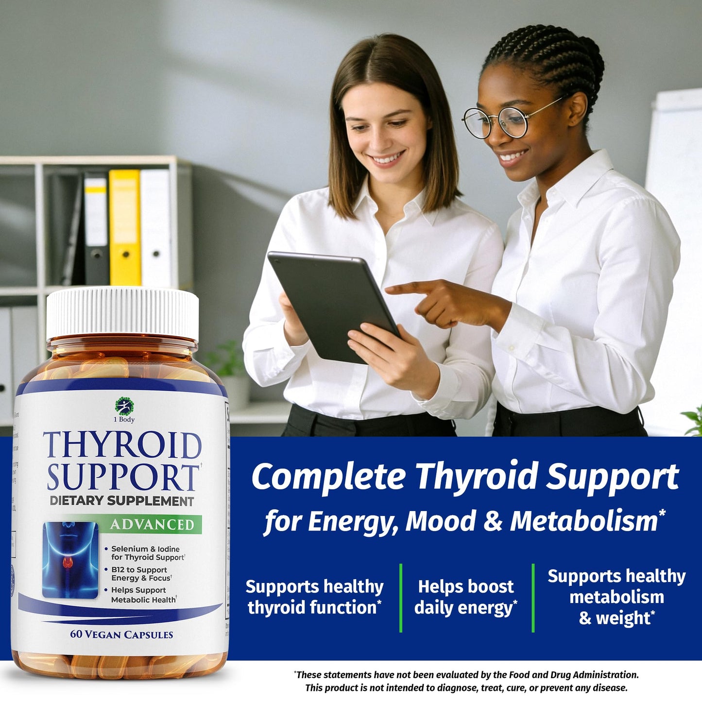 1 Body Thyroid Support Supplement for Women and Men, Selenium with Iodine, Zinc, B12, Ashwagandha and L-Tyrosine, Supports Hormone Health, Energy and Metabolism, 30 Day Supply