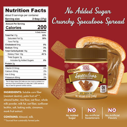 ChocZero Crunchy Speculoos Cookie Butter, No Added Sugar, Gluten Free, High Fiber, Keto Low Carb Spread, 12 oz Jar