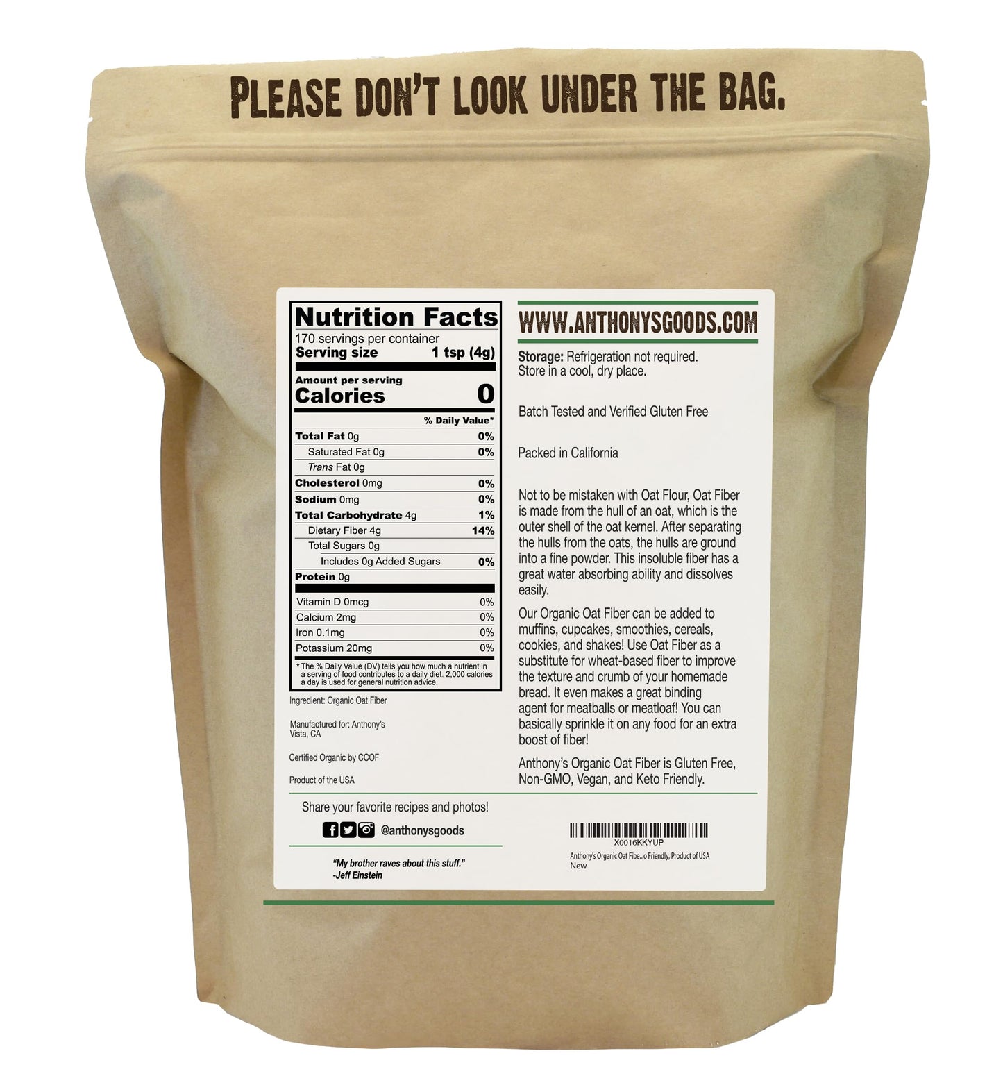 Anthony's Organic Oat Fiber, 1.5 lb, Gluten Free, Non GMO, Keto Friendly, Product of the USA