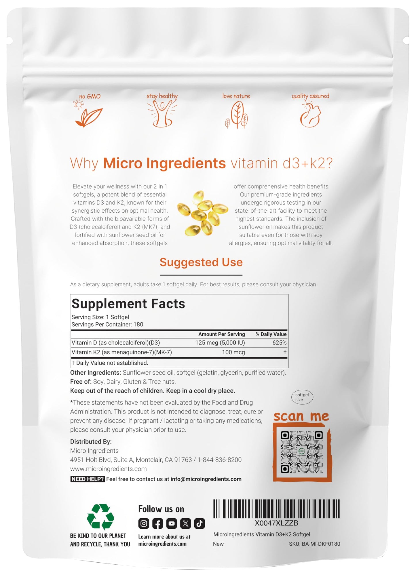 Micro Ingredients Vitamin D3 5,000 IU + K2 MK-7 100 mcg, 180 Softgels | 2-in-1 Formula | Easy to Swallow, Non-GMO
