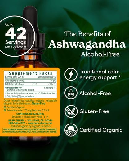 Herb Pharm Organic Ashwagandha Liquid Extract, Alcohol-Free: Mood Support Supplement, Vegan Ashwagandha Root Glycerite, Tasty Non-Bitter Adaptogen Extract for Adults, Non-GMO, 1 Oz
