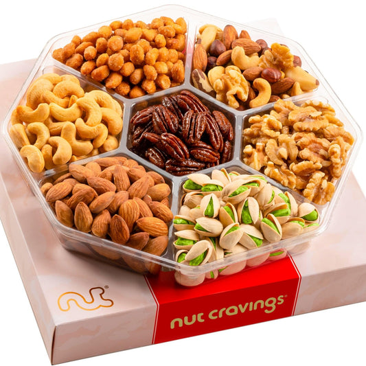 NUT CRAVINGS - Diwali Sweets Hamper Mid-Autumn Festival Mixed Nuts Gift Basket in Red Gold Box (7 Assortments, 1 LB) Food Arrangement, Healthy Snack Care Package, Food Assortments