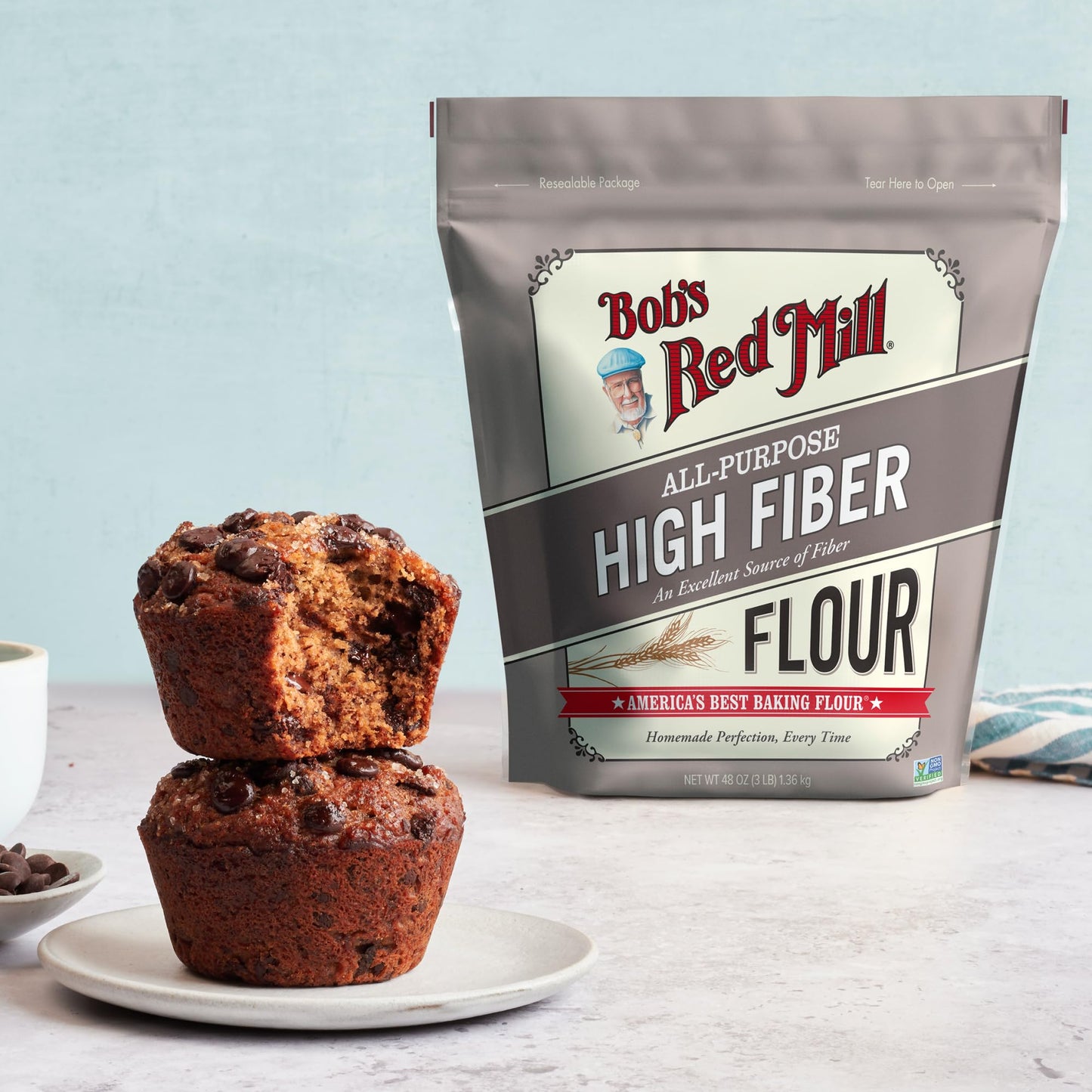Bob’s Red Mill All Purpose High Fiber Flour - 3 lb Bag, 1-to-1 Baking Substitute, Excellent Source of Fiber, Non-GMO, Kosher