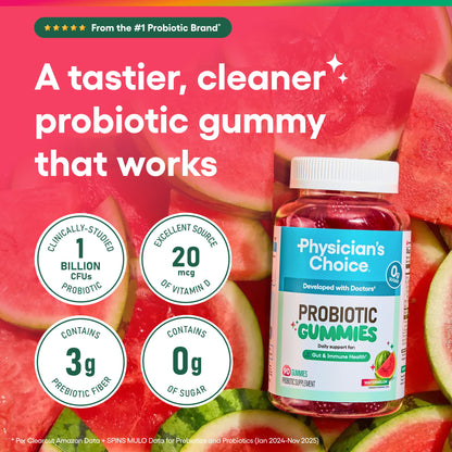 Physician's CHOICE Probiotic Gummies with Vitamin D & Prebiotic Fiber - Sugar Free - 1B CFUs of Clinically Studied Probiotic - Supports Immune & Gut Health for Women & Men - Watermelon Flavor - 90CT
