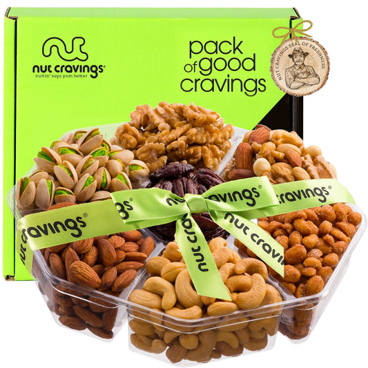 NUT CRAVINGS - Diwali Sweets Hamper Mid-Autumn Festival Mixed Nuts Gift Basket + Green Ribbon (7 Assortments, 2.2 LB) Food Arrangement, Healthy Snack Care Package, Food Assortments