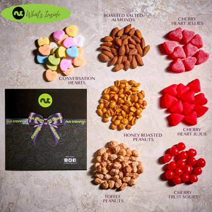 NUT CRAVINGS - Diwali Sweets Hamper Mid-Autumn Festival Mixed Nuts & Heart Candy Gift Basket in Red Gold Box (7 Assortments, 1 LB) Food Arrangement, Healthy Snack Care Package, Food Assortments