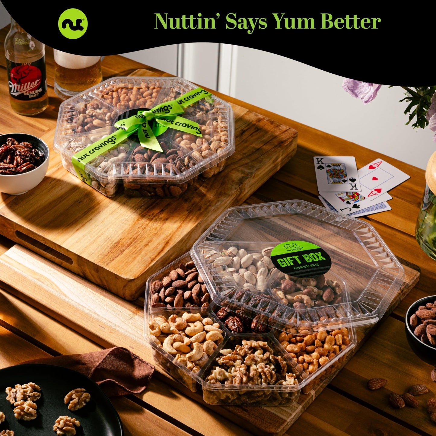 NUT CRAVINGS - Diwali Sweets Hamper Mid-Autumn Festival Mixed Nuts Gift Basket + Green Ribbon (7 Assortments, 2.2 LB) Food Arrangement, Healthy Snack Care Package, Food Assortments