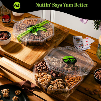 NUT CRAVINGS - Diwali Sweets Hamper Mid-Autumn Festival Mixed Nuts Gift Basket + Green Ribbon (7 Assortments, 2.2 LB) Food Arrangement, Healthy Snack Care Package, Food Assortments