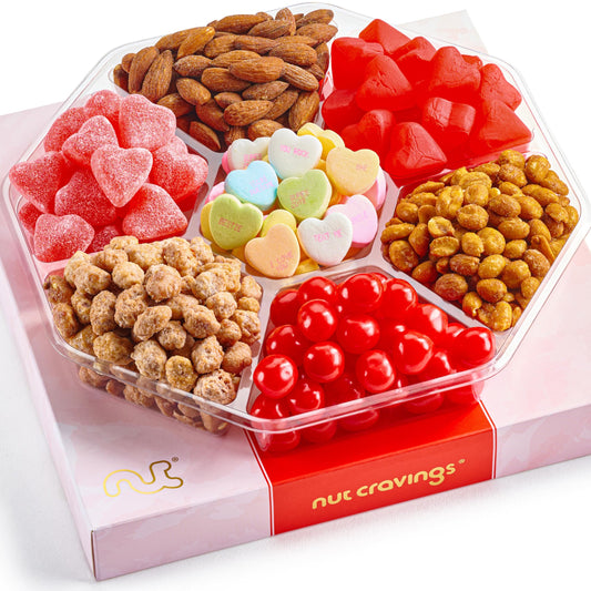 NUT CRAVINGS - Diwali Sweets Hamper Mid-Autumn Festival Mixed Nuts & Heart Candy Gift Basket in Red Gold Box (7 Assortments, 1 LB) Food Arrangement, Healthy Snack Care Package, Food Assortments