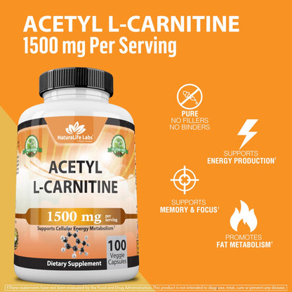 Acetyl L - Carnitine 1,500 mg High Potency Supports Energy Production, Sports Nutrition, Supports Memory/Focus - 100 Veggie Capsules - Fresh Hearth