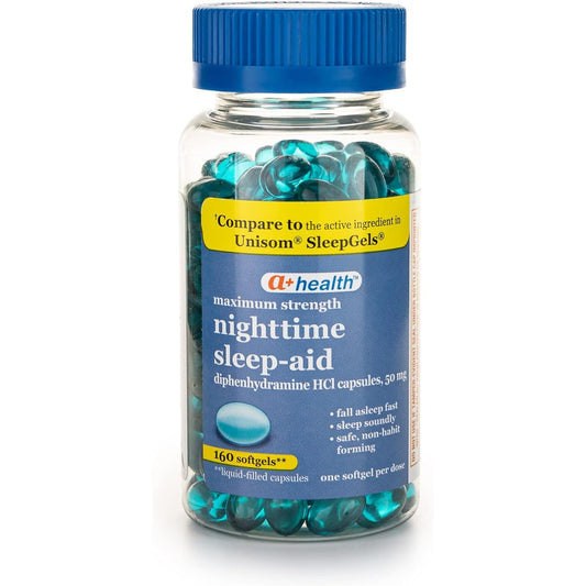 A+Health Nighttime Sleep Aid Diphenhydramine 50mg Softgels, Maximum Strength, 160 Count - Fresh Hearth