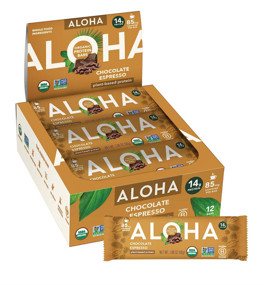 ALOHA Organic Plant Based Protein Bars - Chocolate Espresso (85mg Caffeine) - 12 Bars, Vegan, Low Sugar, Gluten - Free, Paleo, Low Carb, Non - GMO, No Stevia, No Erythritol - Fresh Hearth