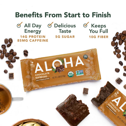 ALOHA Organic Plant Based Protein Bars - Chocolate Espresso (85mg Caffeine) - 12 Bars, Vegan, Low Sugar, Gluten - Free, Paleo, Low Carb, Non - GMO, No Stevia, No Erythritol - Fresh Hearth