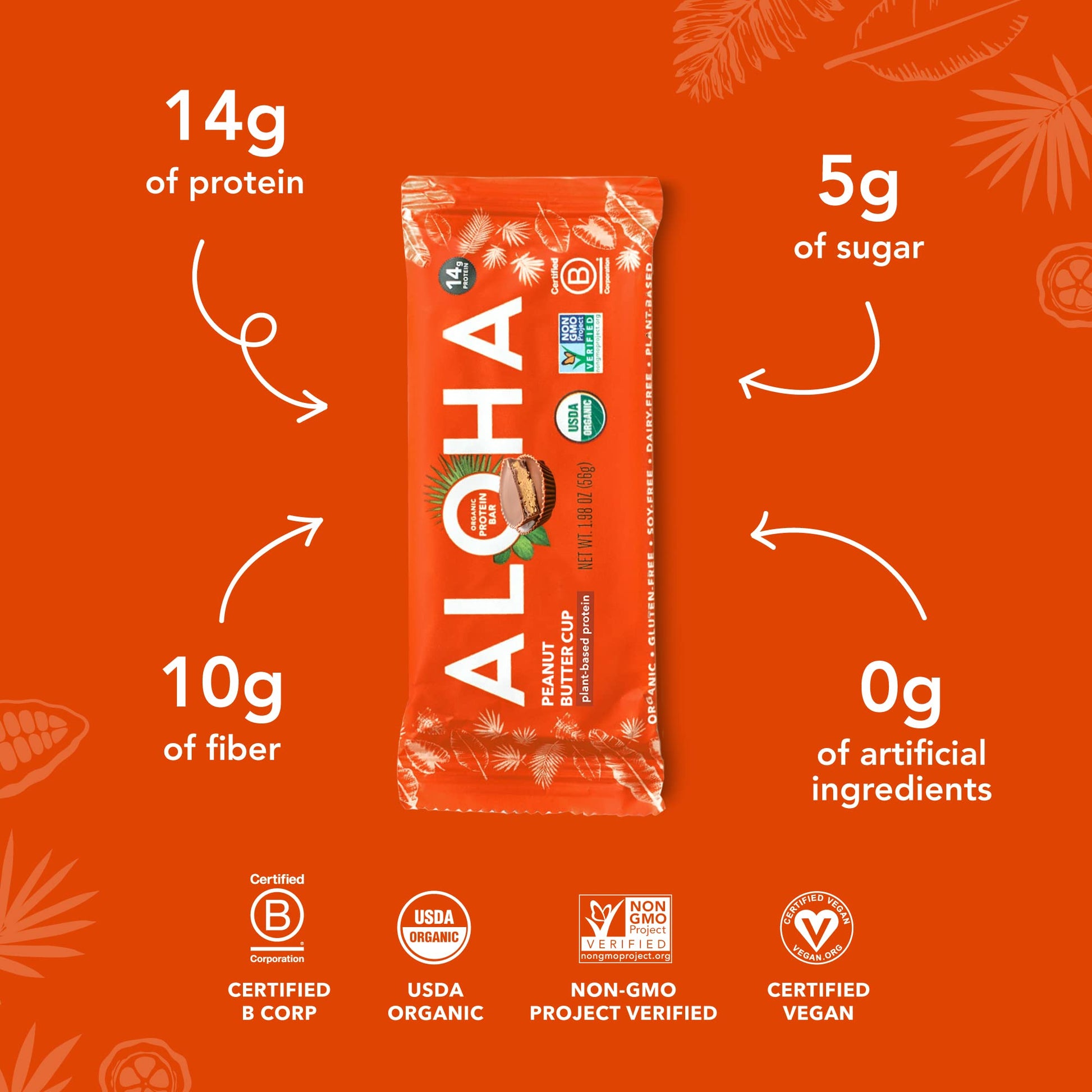 ALOHA Organic Plant Based Protein Bars - Peanut Butter Cup Bar - 12 Bars, Vegan, Low Sugar, Gluten - Free, Low Carb, Non - GMO, No Stevia, No Erythritol - Fresh Hearth