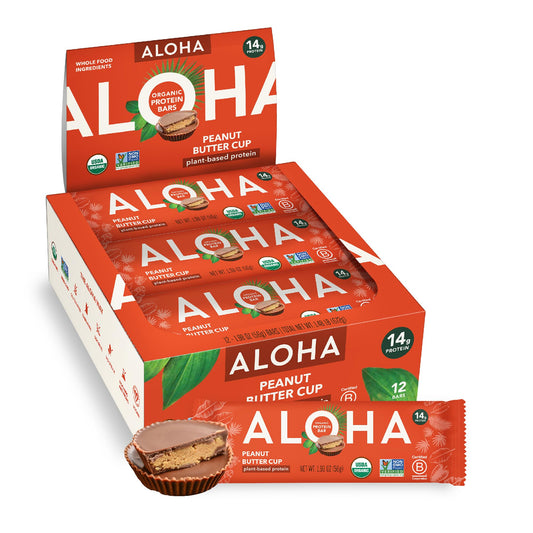 ALOHA Organic Plant Based Protein Bars - Peanut Butter Cup Bar - 12 Bars, Vegan, Low Sugar, Gluten - Free, Low Carb, Non - GMO, No Stevia, No Erythritol - Fresh Hearth
