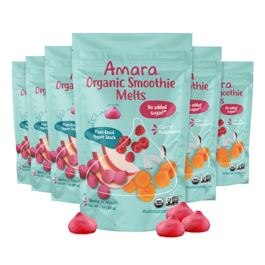 Amara Smoothie Melts - Carrot Raspberry - Baby Snacks Made With Fruits and Vegetables - Healthy Toddler Snacks For Your Kids Lunch Box - Organic Plant Based Yogurt Melts - 6 Resealable Bags - Fresh Hearth
