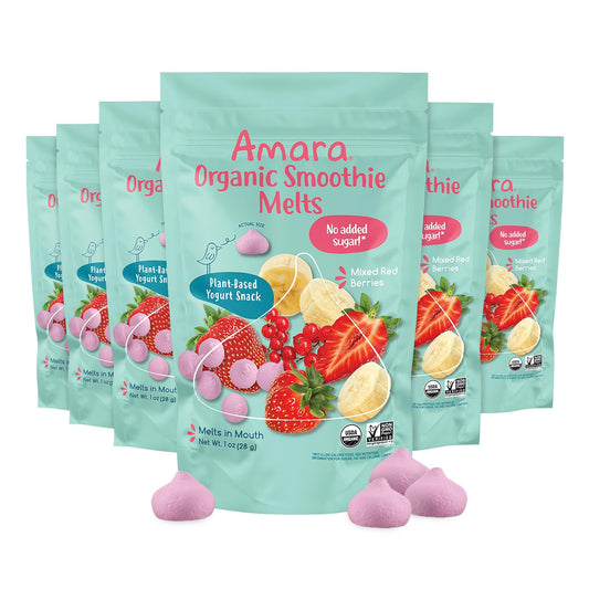 Amara Smoothie Melts - Mixed Red Berries - Baby Snacks Made With Fruits and Vegetables - Healthy Toddler Snacks For Your Kids Lunch Box - Organic Plant Based Yogurt Melts - 6 Resealable Bags - Fresh Hearth