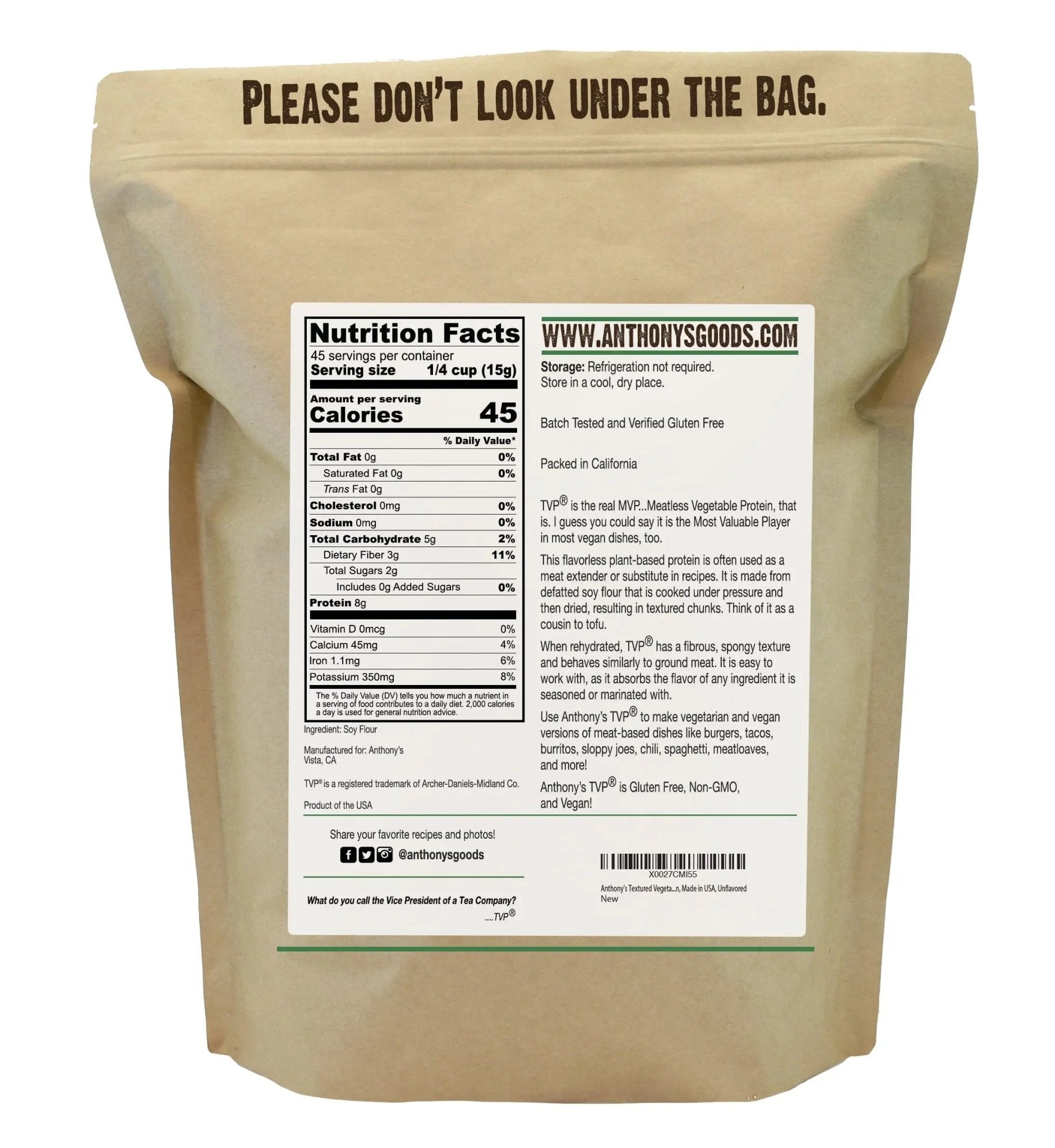 Anthony's Textured Vegetable Protein, TVP, 1.5 lb, Gluten Free, Vegan, Made in USA, Unflavored - Fresh Hearth
