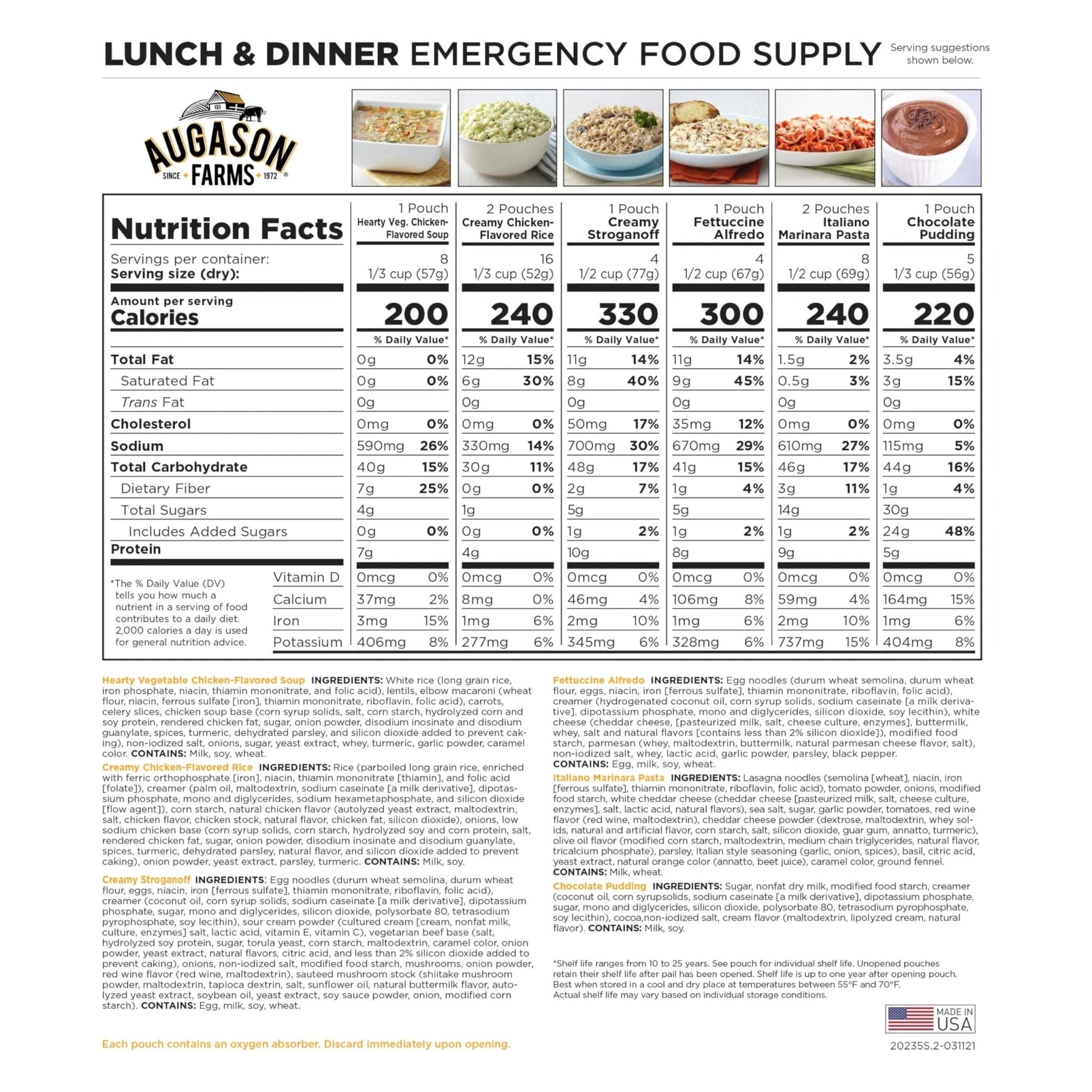 Augason Farms 4 - Gallon Lunch & Dinner Variety Pail - Dehydrated Survival Food Kit - Long Shelf Life Ready to Eat Meals - Disaster Prep, Hiking & Camping Essentials - 92 Servings - Fresh Hearth
