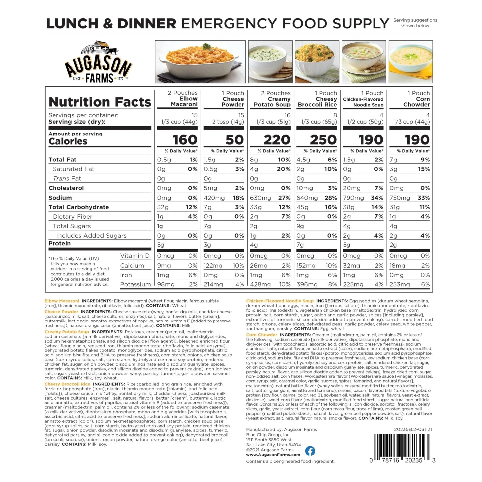 Augason Farms 4 - Gallon Lunch & Dinner Variety Pail - Dehydrated Survival Food Kit - Long Shelf Life Ready to Eat Meals - Disaster Prep, Hiking & Camping Essentials - 92 Servings - Fresh Hearth