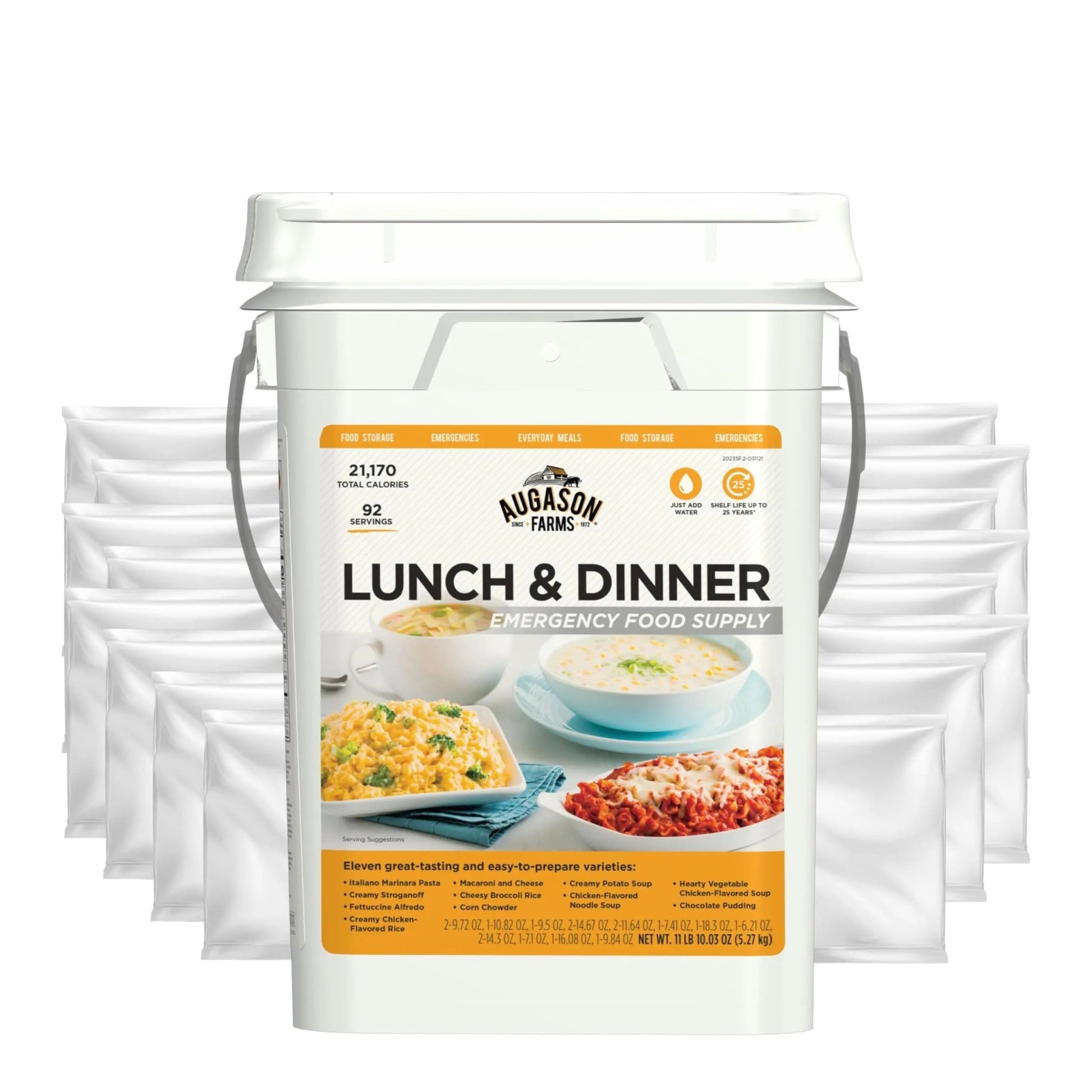 Augason Farms 4 - Gallon Lunch & Dinner Variety Pail - Dehydrated Survival Food Kit - Long Shelf Life Ready to Eat Meals - Disaster Prep, Hiking & Camping Essentials - 92 Servings - Fresh Hearth