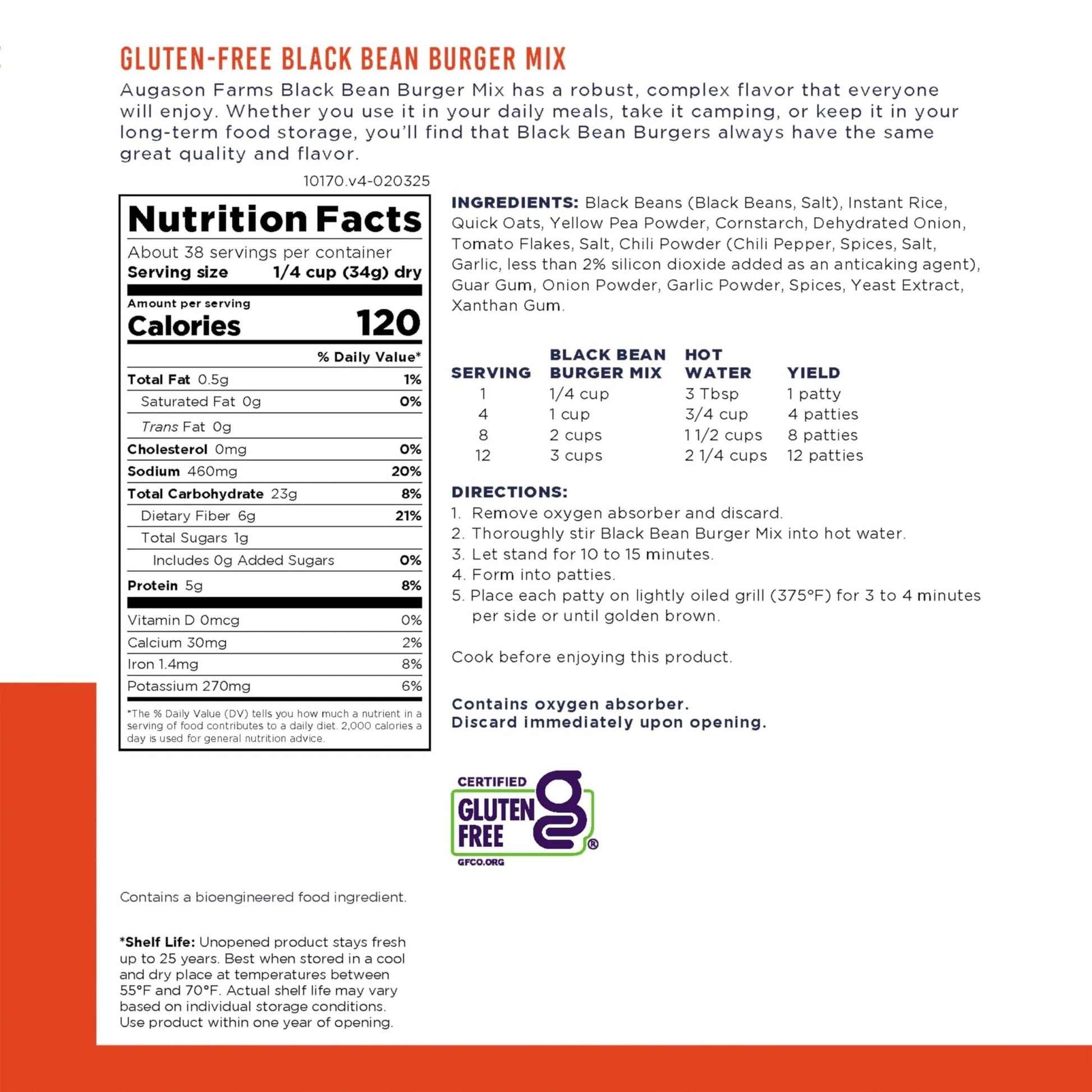 Augason Farms Black Bean Burger Mix Can, Certified Gluten Free, Emergency Food Supply, Everyday Meals, 38 Servings - Fresh Hearth