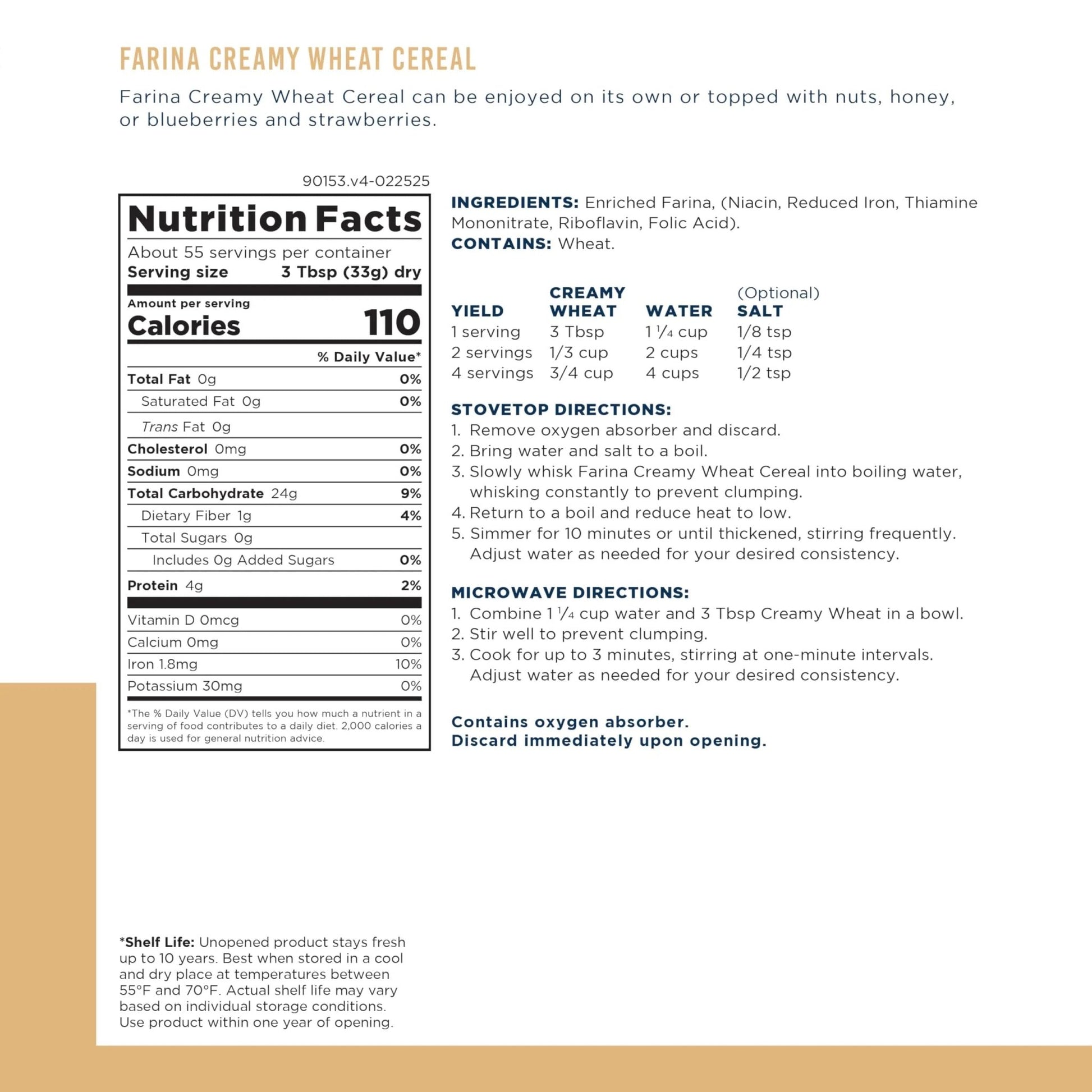 Augason Farms Creamy Wheat Cereal Can, Emergency Food Supply, Everyday Meals, 55 Servings - Fresh Hearth